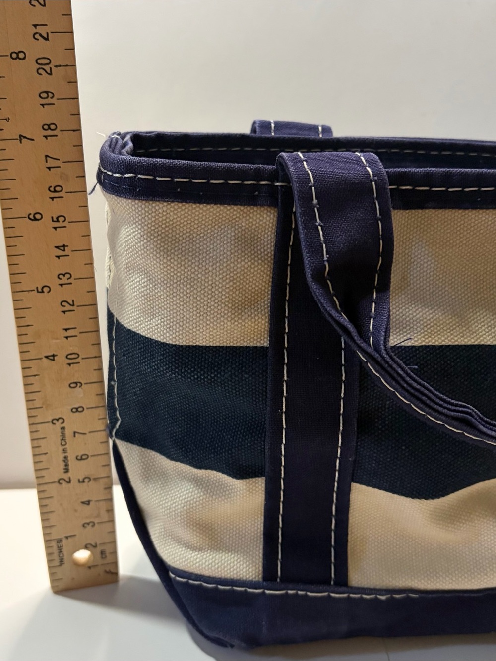 LL Bean Boat & Tote Mini Striped Navy Blue White Canvas VTG 1990s Zip Top - Picture 15 of 16